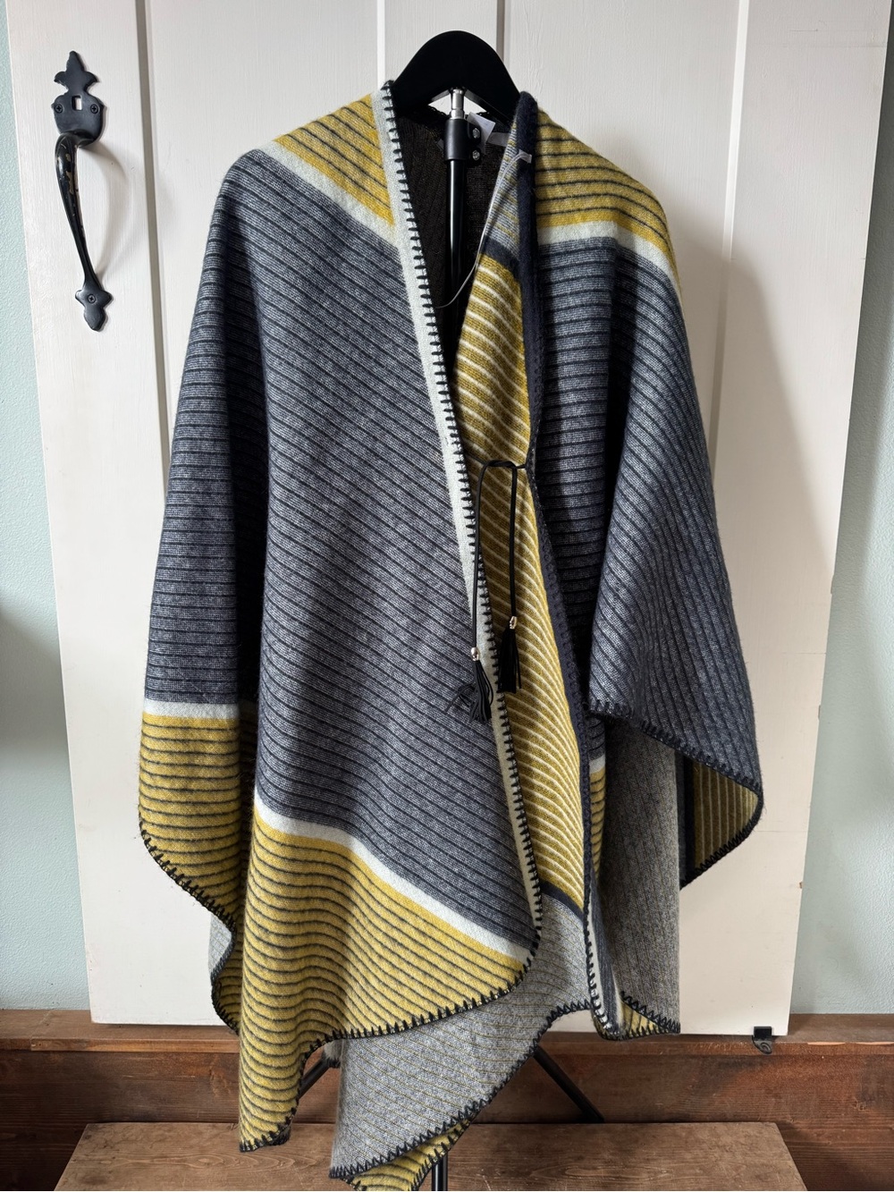 Striped Gray and Mustard Open-Front Knit Poncho
